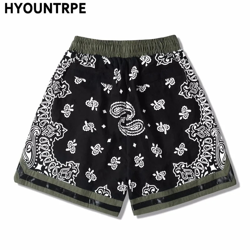 Mens Paisley Printed Hip Hop Loose Shorts Elastic Waist Sweat Shorts Casual Harajuku Drawstring Streetwear Sportswear Joggers