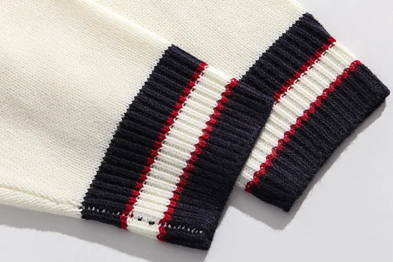varsity flame pullover for men with bold graphic knit design, perfect for 2025 fashion, street fashion menswear trend for sea