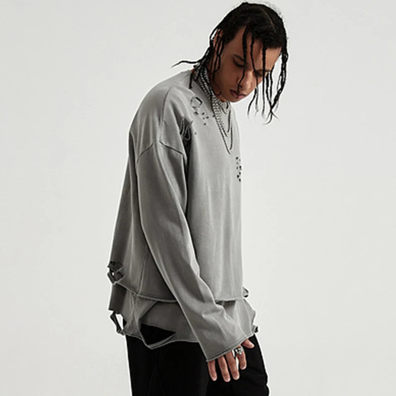 Hip Hop Streetwear Vintage Sweatshirt 2021 Autumn Creative Distressed Destroyed Ripped Holes Pullover Cotton Tops Loose WE301