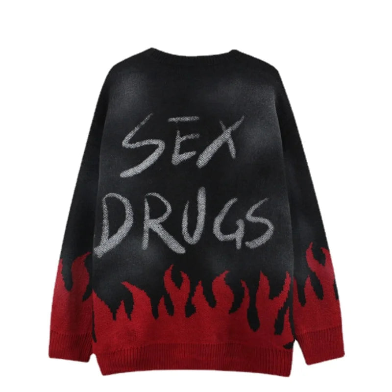 mens sweaters fashion fire harajuku sweaters casual long sleeve knitted sweater ripped holes cotton pullover jumpers man sweater trendy hip hop style outerwear, aesthetic street look hoodie, Y2K vintage urban hoodie