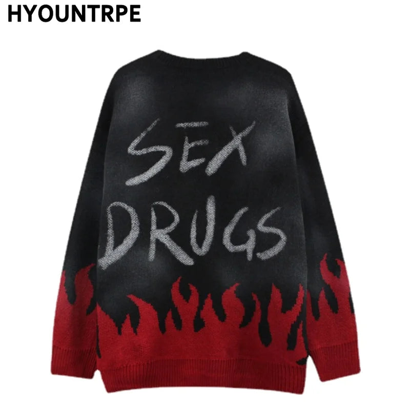mens sweaters fashion fire harajuku sweaters casual long sleeve knitted sweater ripped holes cotton pullover jumpers man sweater trendy hip hop style outerwear, aesthetic street look hoodie, Y2K vintage urban hoodie