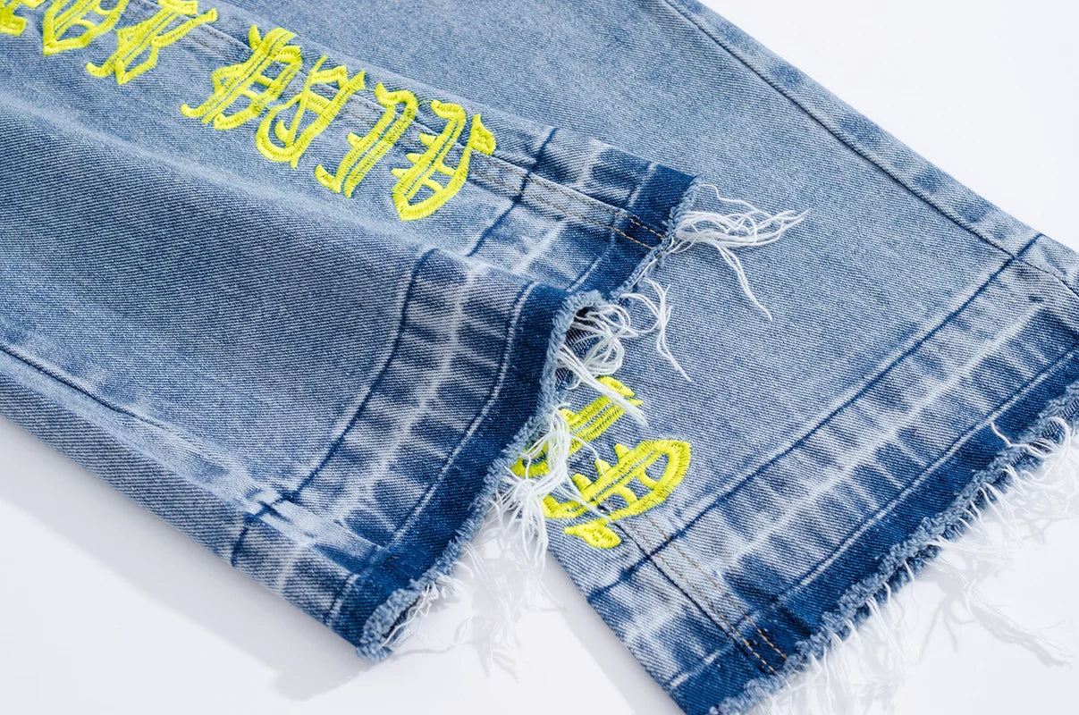 fashion letters embroidery denim flare jeans mens high street elastic waist straight trouser hip hop streetwear pants joggers unique joggers style 4790