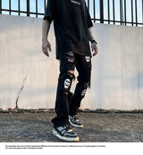 fashion skull printed denim jeans mens destoryed holes zipper flare jeans hip hop streetwear summer casual joggers jeans pants unique joggers style 3770