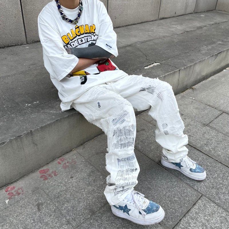 mens high street denim jean pants new casual loose ripped holes straight zipper white jeans trousers hip hop streetwear joggers unique joggers style 2632