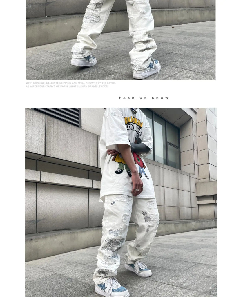 mens high street denim jean pants new casual loose ripped holes straight zipper white jeans trousers hip hop streetwear joggers unique joggers style 2631