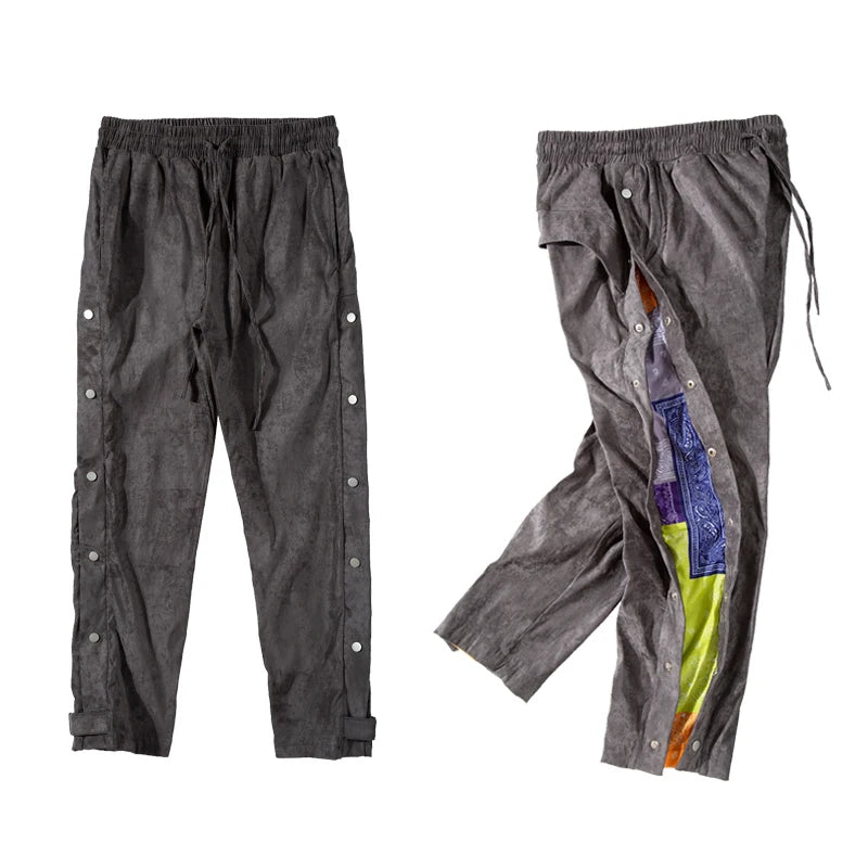 mens side buttons patchwork harajuku straight pants casual elastic waist fake suede trousers hip hop streetwear casual joggers unique joggers style 3896