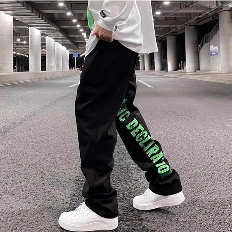 men jeans hip hop letters embroidery denim jeans high street casual loose straight elastic waist joggers hip hop streetwear pant sporty tapered joggers