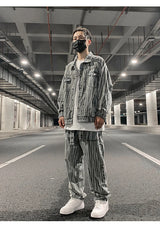 2 pieces sets mens fashion striped single breasted denim jeans jacket coat and zipper straight pants joggers new streetwear sets unique joggers style 3926