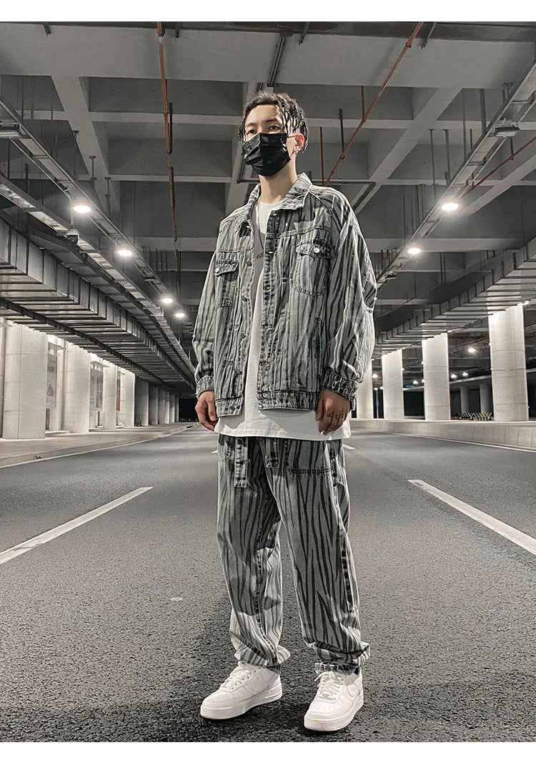2 pieces sets mens fashion striped single breasted denim jeans jacket coat and zipper straight pants joggers new streetwear sets unique joggers style 3926