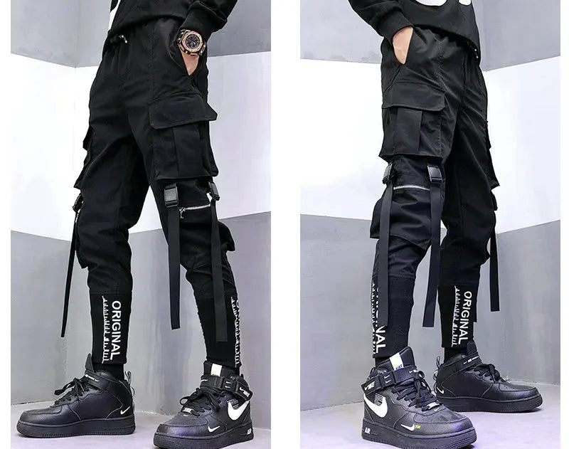 hip hop men ribbons cargo pants fashion harajuku 2023 new elastic waist casual streetwear mens joggers trousers black unique joggers style 3652