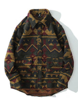Aolamegs Patchwork Color Retro Geometric Pattern Men Shirt Thick Casual Baggy Big Pockets Harajuku High Street Autumn Streetwear