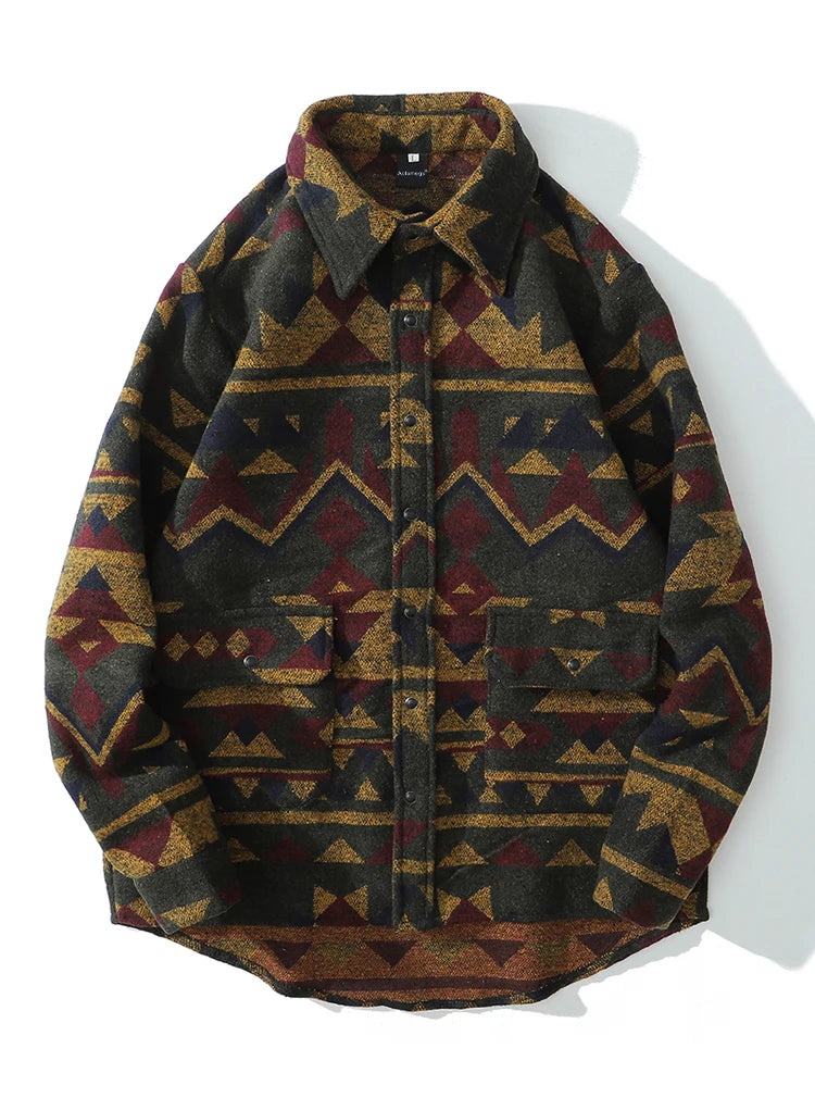Aolamegs Patchwork Color Retro Geometric Pattern Men Shirt Thick Casual Baggy Big Pockets Harajuku High Street Autumn Streetwear
