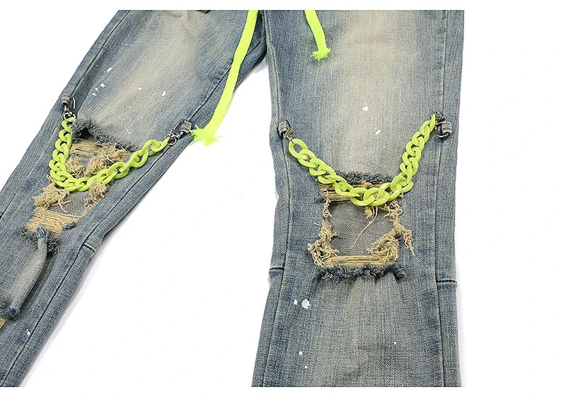 high street knee hole with chain ripped biker jeans mens slim fit denim pants autumn new streetwear casual hip hop pants joggers unique joggers style 4244