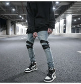 knee zipper hole patckwork skinny denim jeans men casual slim biker trousers jeans fashion streetwear hip hop jean pants joggers unique joggers style 1025