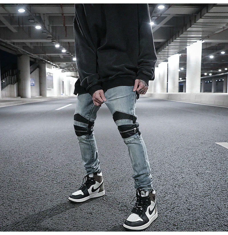 knee zipper hole patckwork skinny denim jeans men casual slim biker trousers jeans fashion streetwear hip hop jean pants joggers unique joggers style 1025