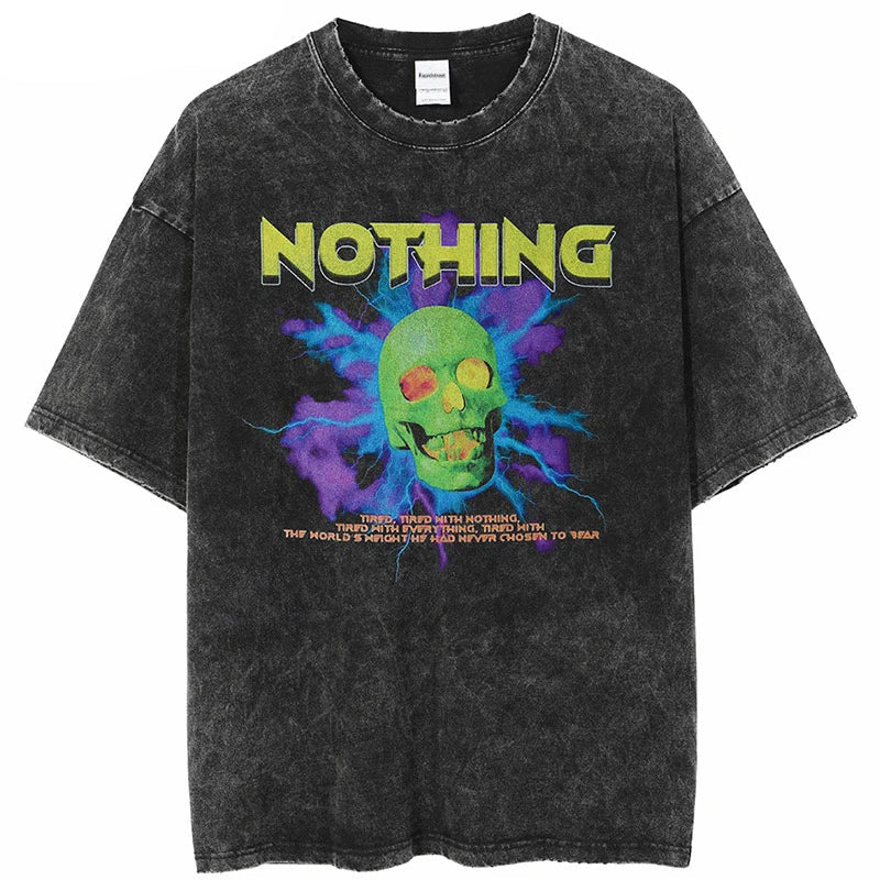 Anime Aesthetic Shirt – Men Streetwear Washed T Shirt Hip Hop Harajuku Skull Lightni – Edgy Streetwear for All Genders