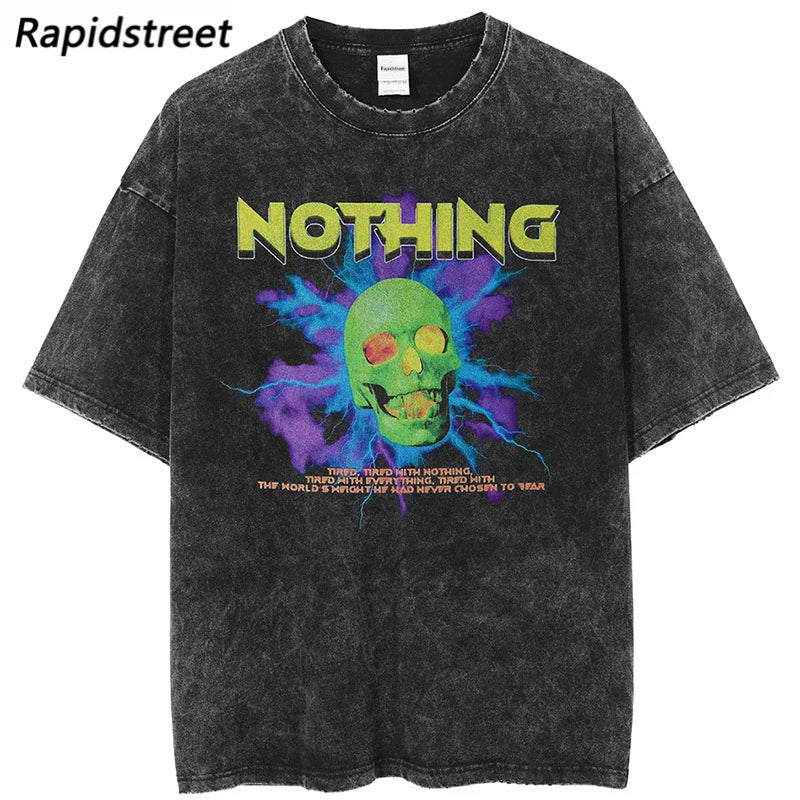 Anime Aesthetic Shirt – Men Streetwear Washed T Shirt Hip Hop Harajuku Skull Lightni – Edgy Streetwear for All Genders