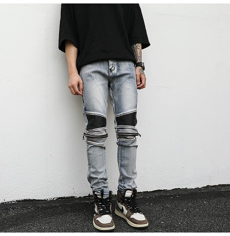high street pu leather zippers patchwork biker jeans mens stretch denim slim jean pants motorcycle slim trousers hip hop pants unique jeans style 2312