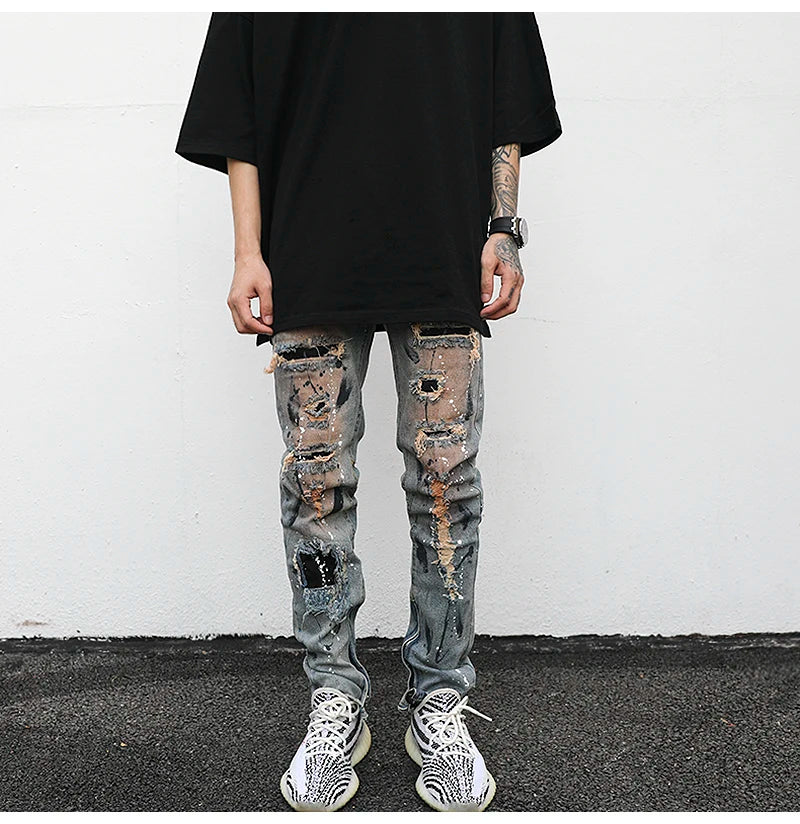 bottom zipper destroyed jeans skinny jeans ripped slim men biker jeans fashion graffiti printed streetwear hip hop pants joggers unique joggers style 650