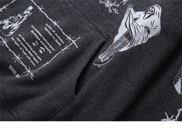 2023 Hip Hop Hoodie Sweatshirt Men Streetwear Skull Graffiti Print Hoodie Pullover Cotton Autumn Grey Harajuku Punk Clothes New