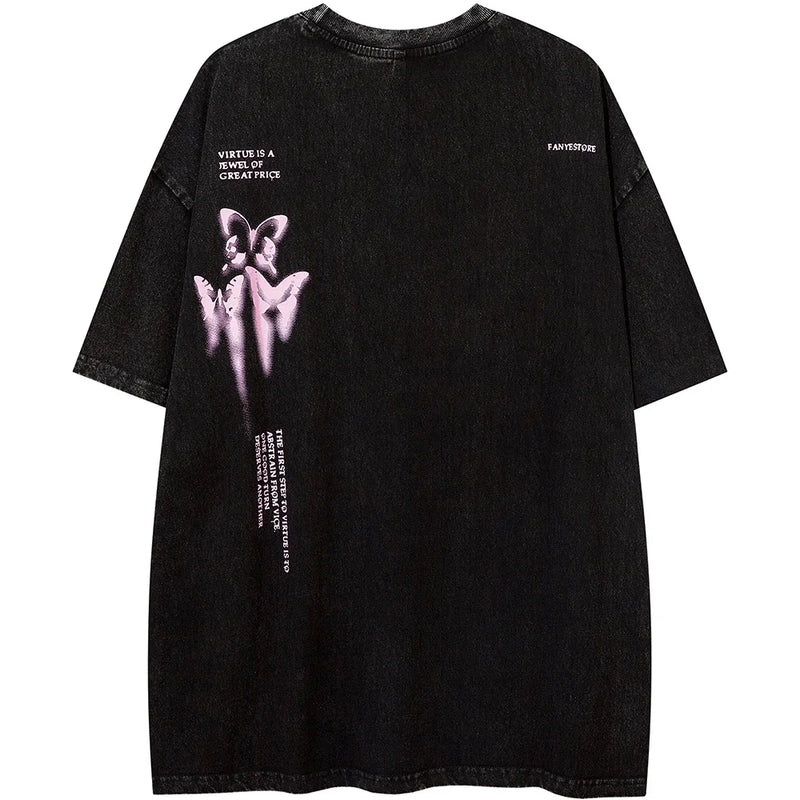 Sadcore Oversized shirt – Aolamegs Butterfly Inkjet Letter Print Washed T Shirt Men Sh