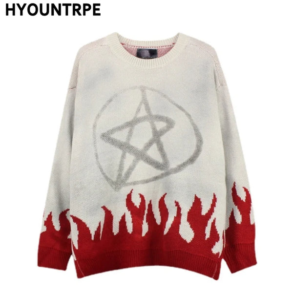 mens sweaters fashion fire harajuku sweaters casual long sleeve knitted sweater ripped holes cotton pullover jumpers man sweater unique limited edition hoodie, Y2K vintage urban hoodie, trendy hip hop style outerwear