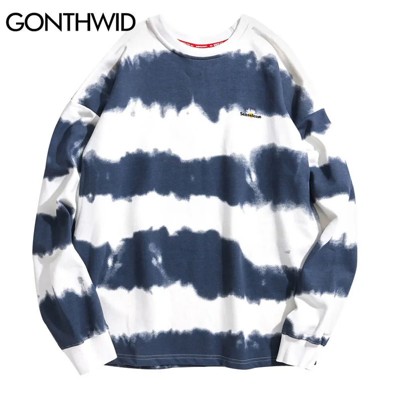 Gonthwid Harajuku Tie Dye Striped Pullover Sweatshirts Hoodies 2023 Me