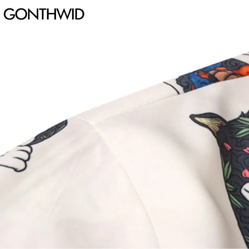 Sadcore Oversized shirt – Gonthwid Hawaiian Beach Shirts Harajuku Japanese Tattoo Cat