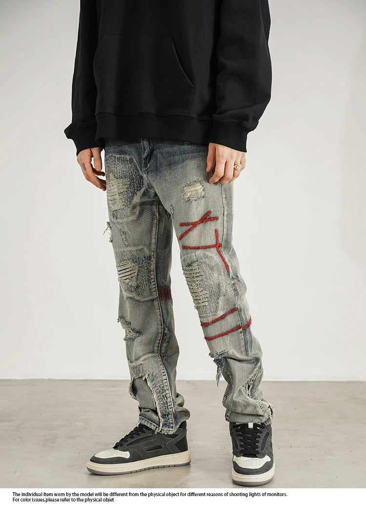 destroyed ripped straight jeans pants mens distressed biker jeans fashion irregular embroidery streetwear hip hop pants joggers unique joggers style 3951