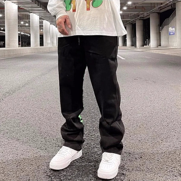men jeans hip hop letters embroidery denim jeans high street casual loose straight elastic waist joggers hip hop streetwear pant urban active pants