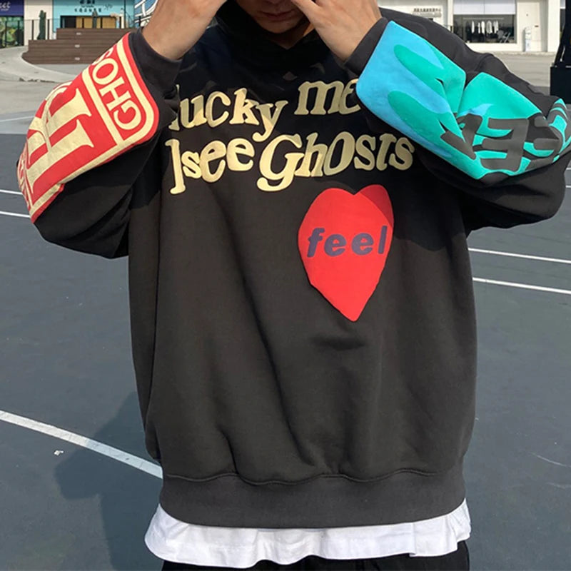 Graffiti Letter Foam Fleece Baggy Sweatshirts Mens Oversized High Stre
