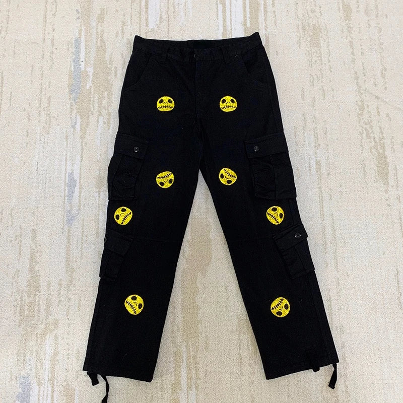 mens high street smilely loose cargo pants casual zipper straight jeans hip hop side pockets loose fit streetwear casual joggers unique joggers style 3491