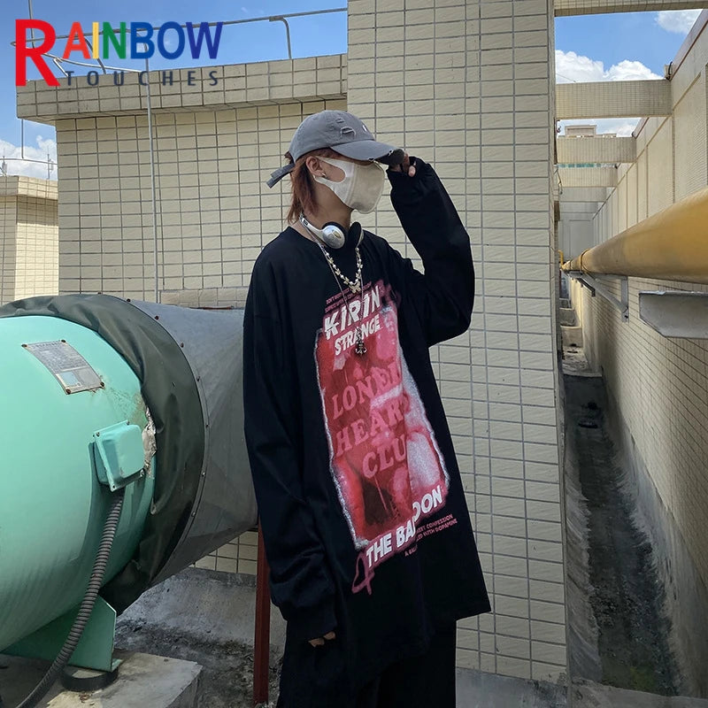 Cyberpunk Graphic Tee – Rainbowtouches 2021 Menswear Trend Long Sleeve Fall Shoulder – Modern Streetwear for Everyone
