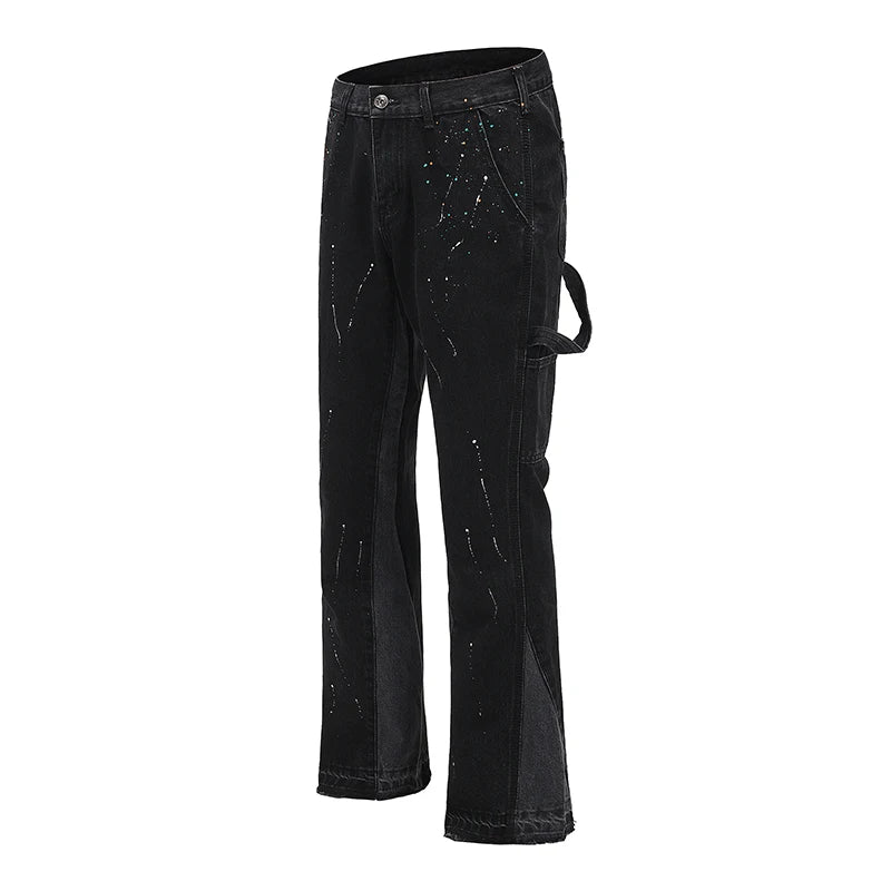 high street retro spotted ink contrast color flared jeans pants male wide leg plus size patchwork ripped denim trousers stacked flare jeans