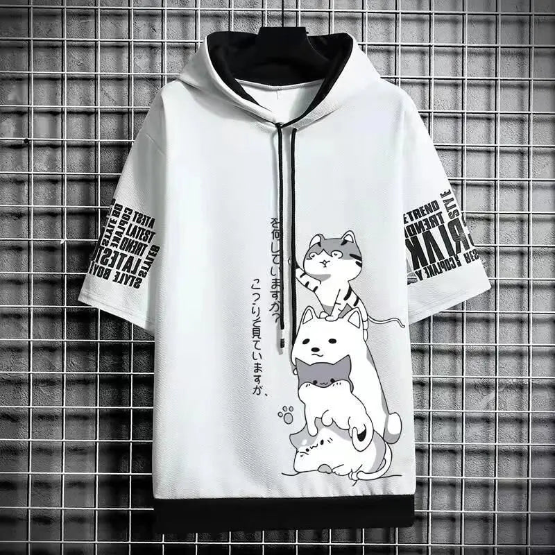 Japan Fashion Mens Hoodies Summer Men Clothing Cartoon Short Sleeve Sw