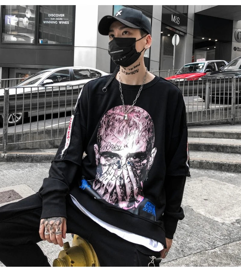 rainbowtouches long sleeve t shirt mens sweater high street fashion hip hop figure print stitching cuff design pattern coats high quality cotton pullover, trendy hip hop style outerwear, Y2K vintage urban hoodie