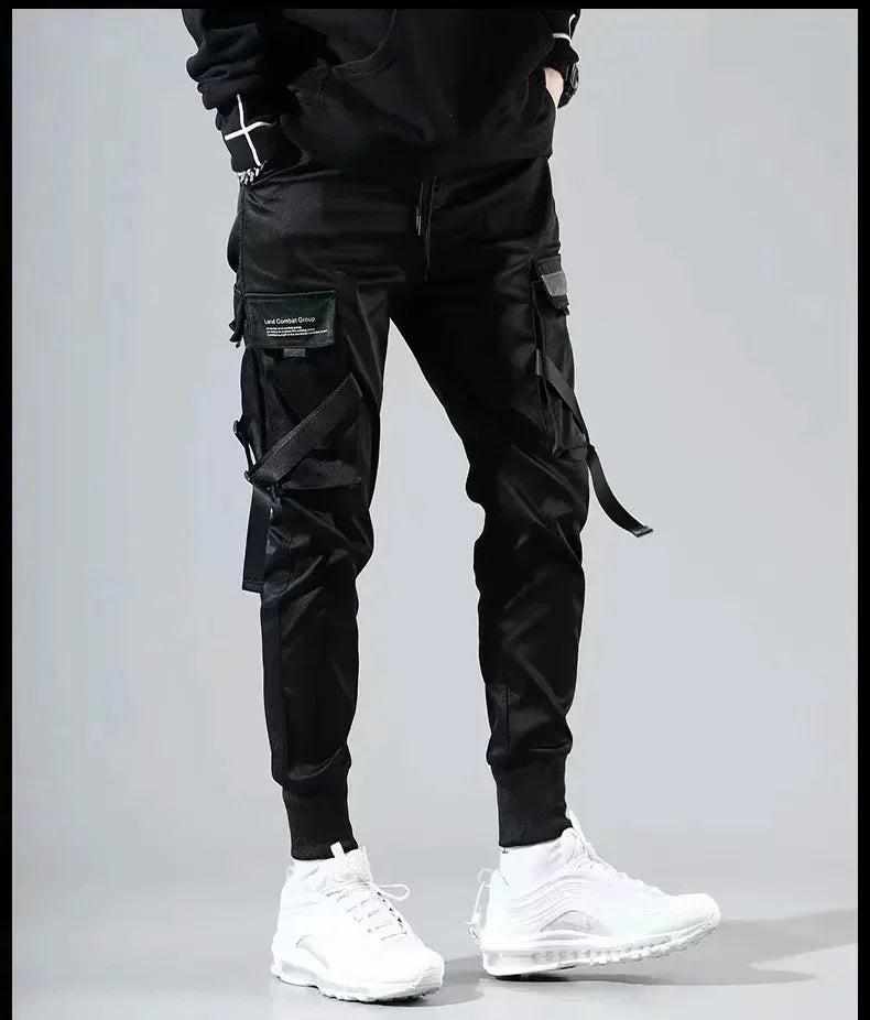 ribbons harem joggers men cargo pants streetwear 2023 hip hop casual pockets track pants male harajuku fashion trousers unique joggers style 2856
