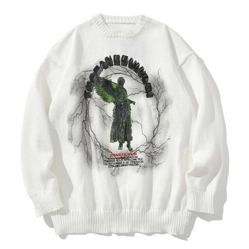 grunge knit sweater with heavyweight fabric, layered urban look for cold weather, street fashion menswear trend for seasonal 