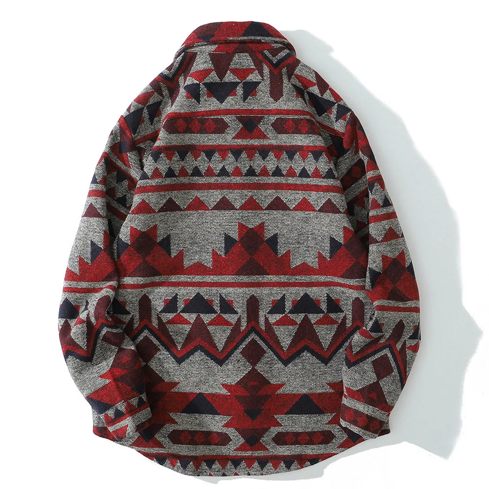 Color Retro Geometric Pattern Men Shirt Thick Casual Baggy Big Pockets High Street Autumn Streetwear