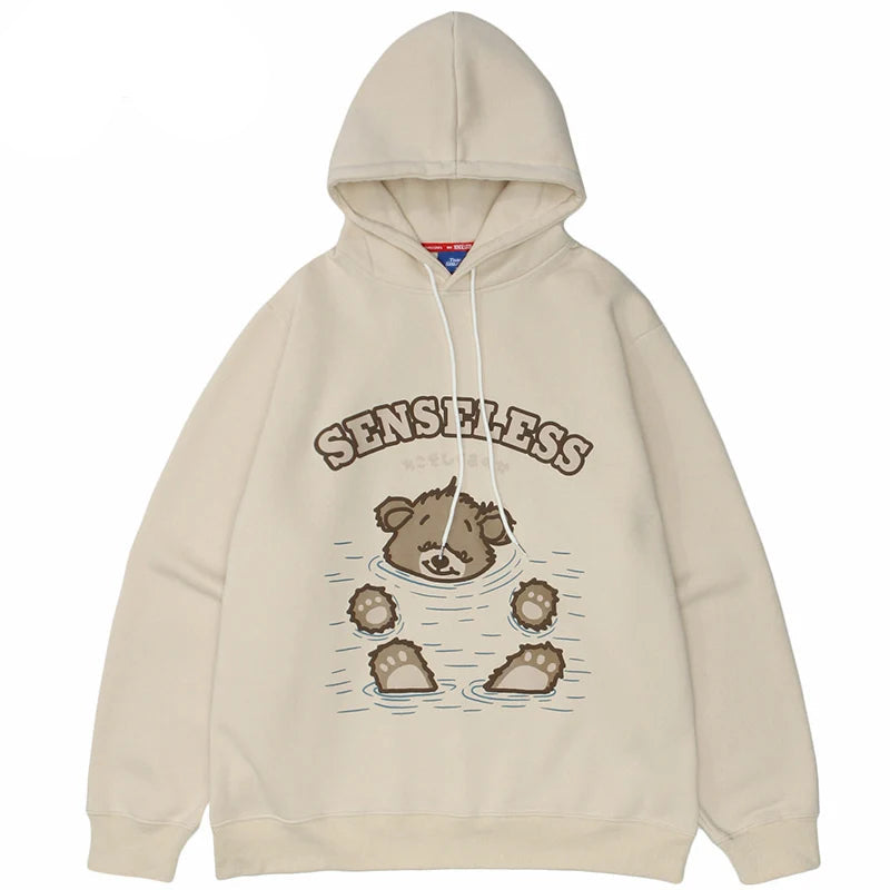 Men Hip Hop Streetwear Hoodie Sweatshirt Funny Bear Japanese Kanji Pul