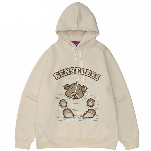 Men Hip Hop Streetwear Hoodie Sweatshirt Funny Bear Japanese Kanji Pul