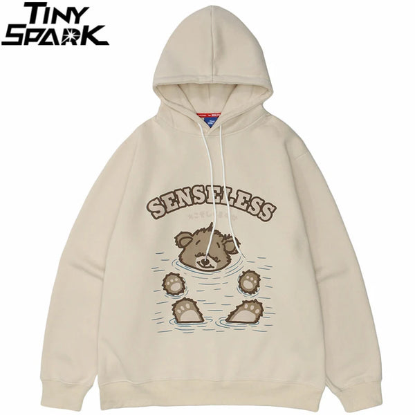 Men Hip Hop Streetwear Hoodie Sweatshirt Funny Bear Japanese Kanji Pul
