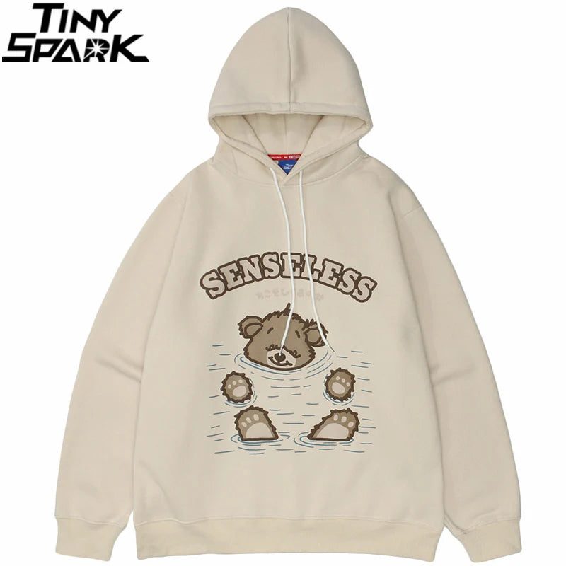 Men Hip Hop Streetwear Hoodie Sweatshirt Funny Bear Japanese Kanji Pul