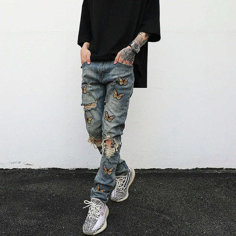 high street butterfly embroidery knee ripped hole jeans mens casual hip hop distressed jeans slim fit skinny denim pants joggers casual joggers