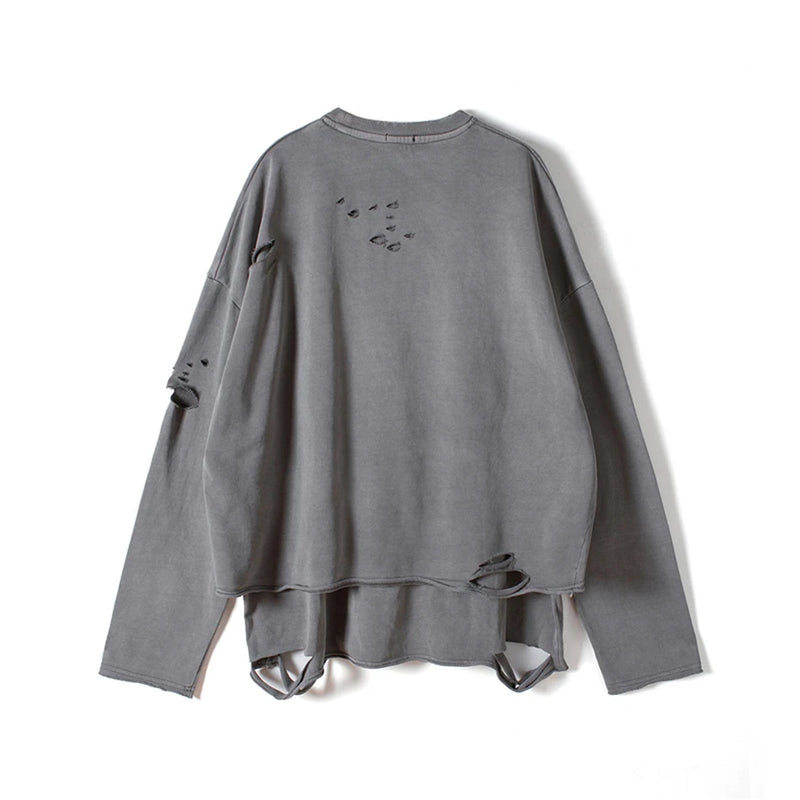 Hip Hop Streetwear Vintage Sweatshirt 2021 Autumn Creative Distressed Destroyed Ripped Holes Pullover Cotton Tops Loose WE301