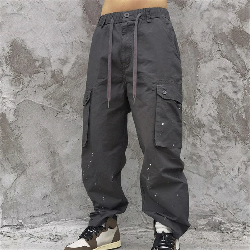 rainbowtouches fashion classic brand mens baggy cargo pants soild color trousers loose straight tooling style lace up overalls unique cargo style 1704