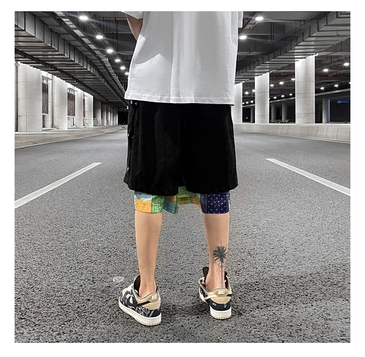 men side buttons patchwork harajuku straight shorts new elastic waist short pants joggers hip hop streetwear casual sweatshorts unique joggers style 1092