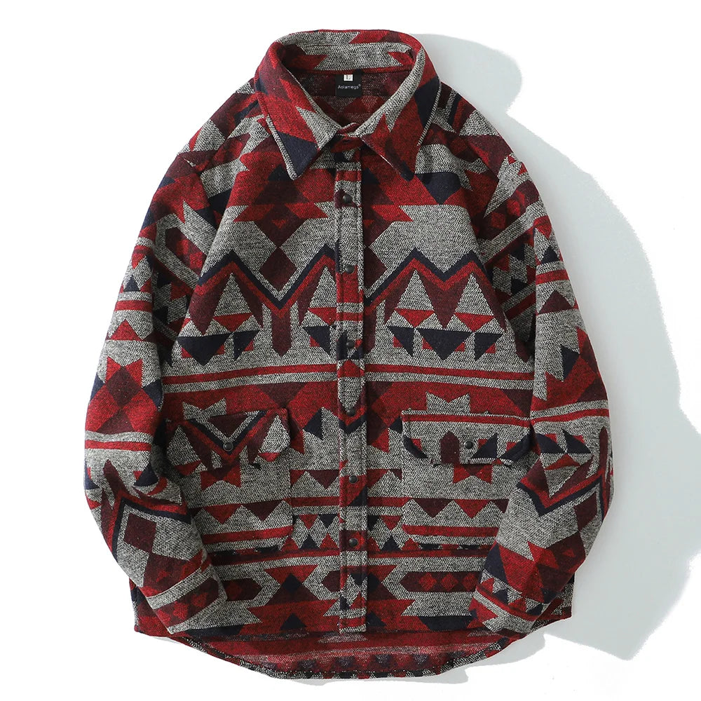 Color Retro Geometric Pattern Men Shirt Thick Casual Baggy Big Pockets High Street Autumn Streetwear