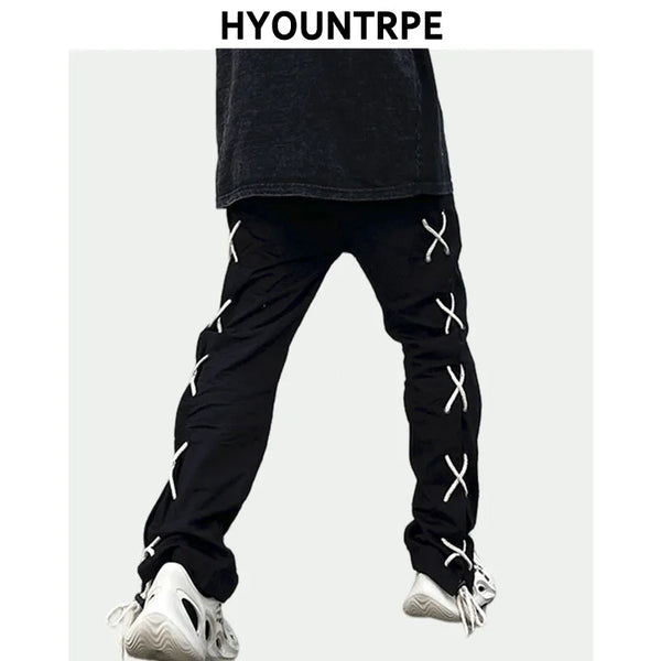 hip hop loose fit elastic waist pants fashion side reflective cross lines pants mens casual streetwear sportwear pants joggers casual joggers