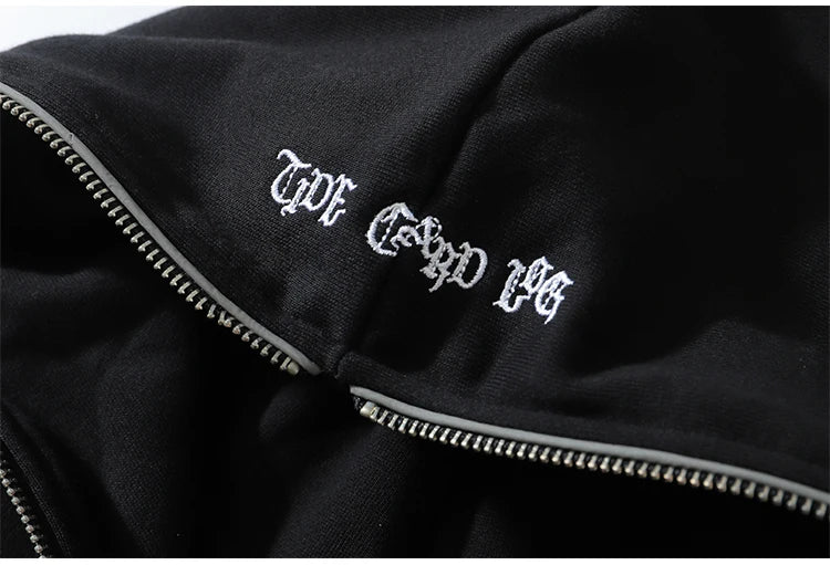 Aolamegs Punk Graphic Print Zipper Ribbon Hooded Hoodie Men Casual Bla